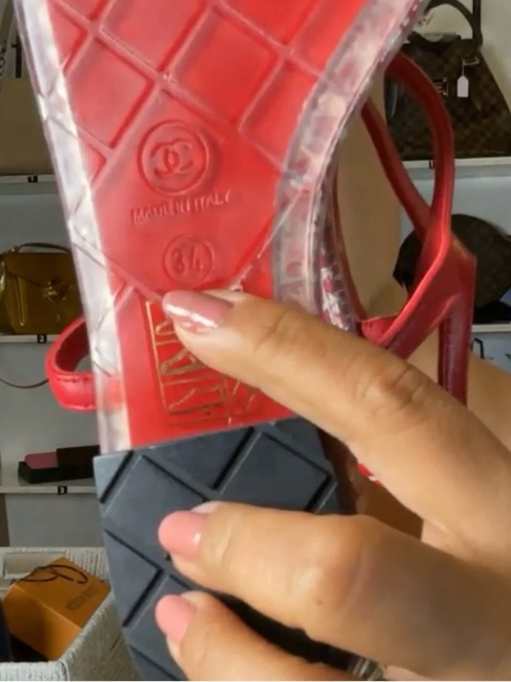 CHANEL Red Tweed Slingback Sandals with Crystal Detail